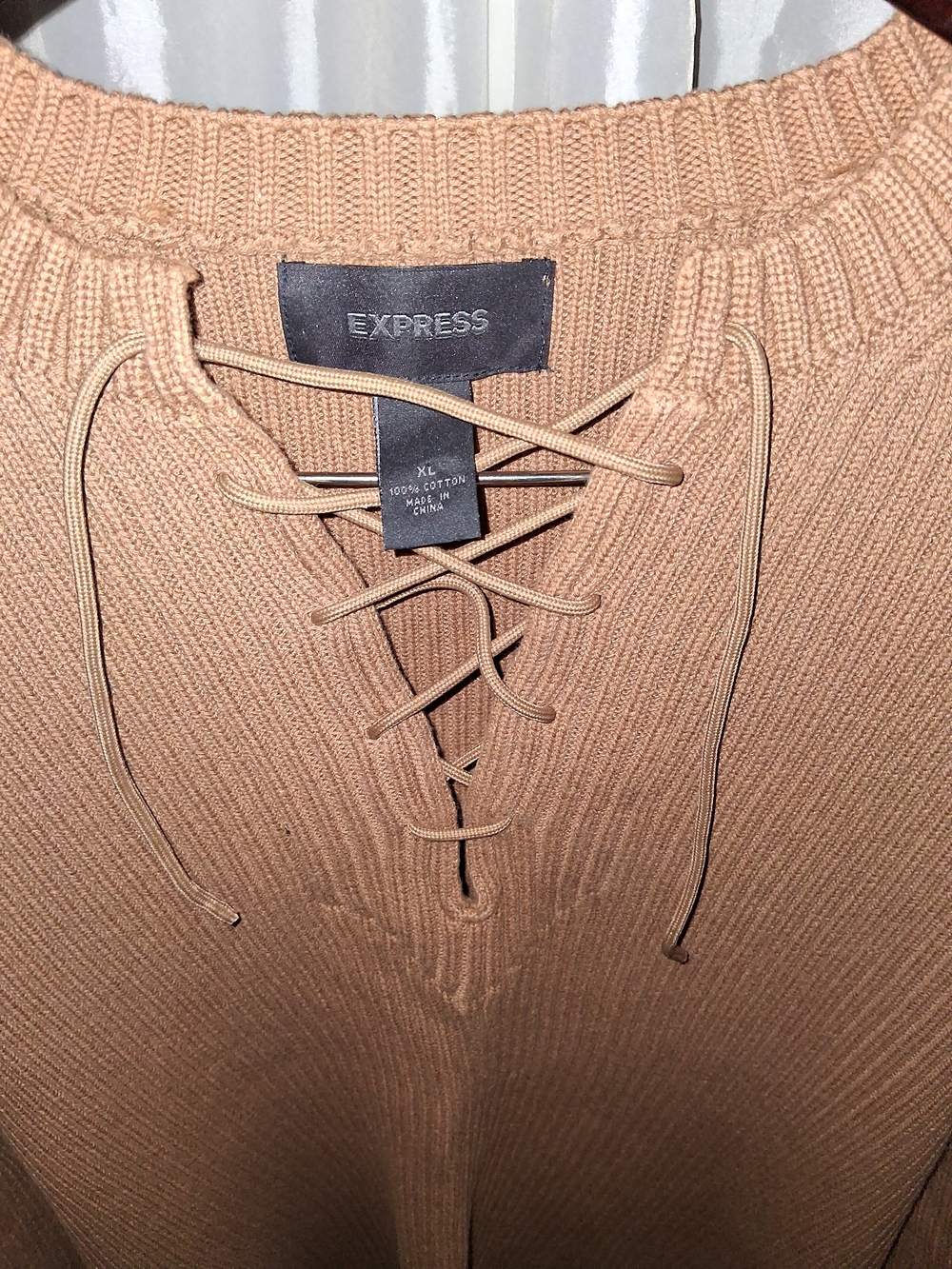 Express Lace-Up Ribbed V-Neck Sweater - Camel/Tan XL